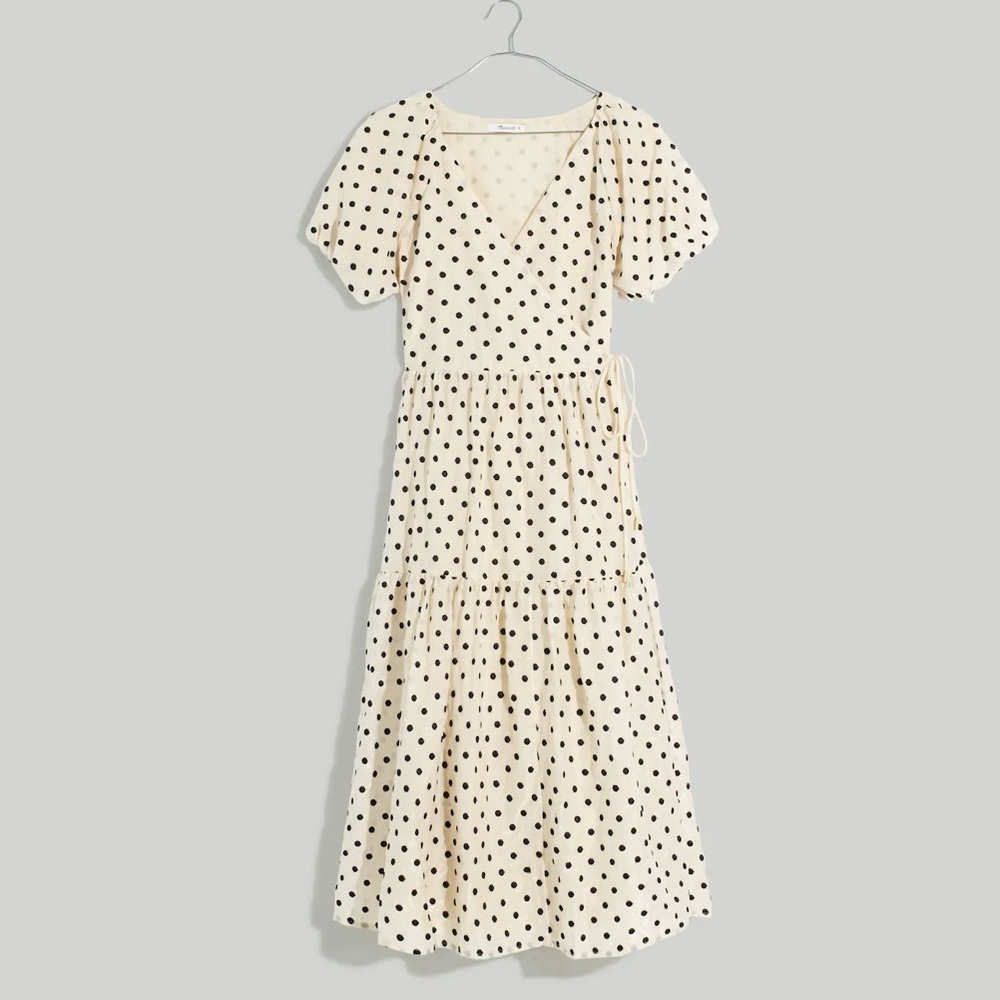 NWT Madewell Tiered Puff-Sleeve Midi Wrap Dress in Dot